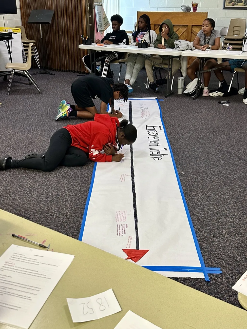 Students collaborating on a floor timeline activity